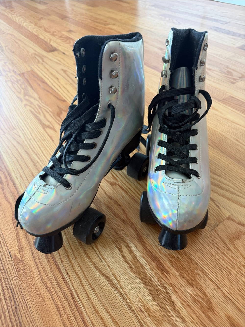 Cosmic Skates Holographic Silver Women's Roller Skates - Lace-Up Quad Boots 9